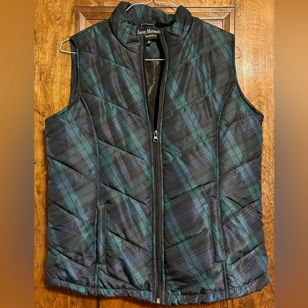 Jason Maxwell Black and Teal Plaid Quilted Vest - Picture 1 of 6